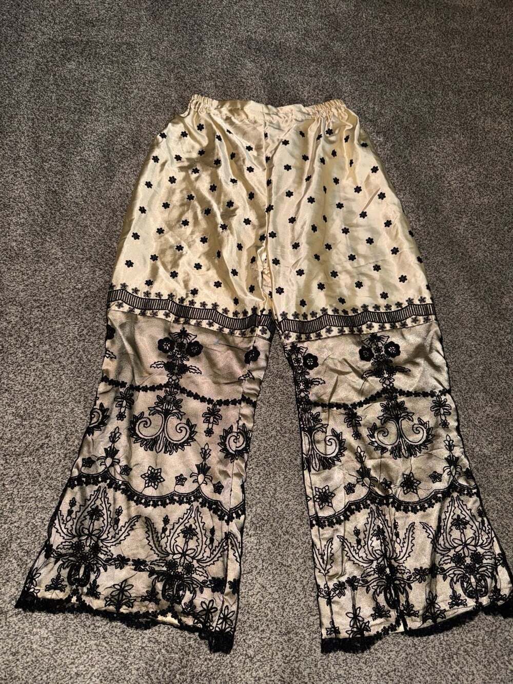 Women's Cream and Black Floral Embroidered Lace Overlay Wide Leg Satin Trousers